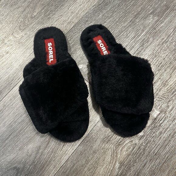 Sorel Women's Black Size 8 Furry Slipper Sandals - Picture 1 of 3